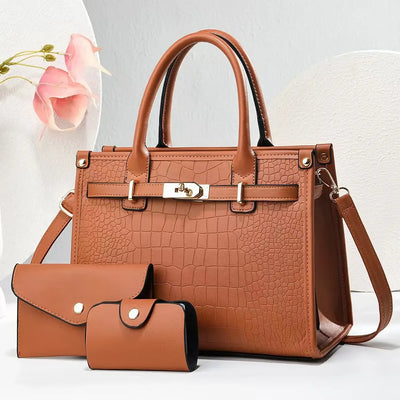 Handbag Ensemble Croc Embossed Tote Set with Wallets - WO2MEN