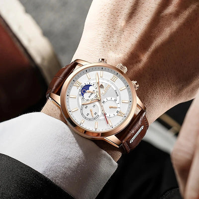 Elegant Moon Phase Chronograph Watch with Leather Strap