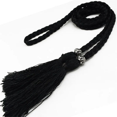Women Braided Tassel Belt Knot Decorated Waist Rope - Black