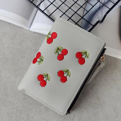 Cherry Embroidered Slim Wallet with Zip and Card Slots - WO2MEN