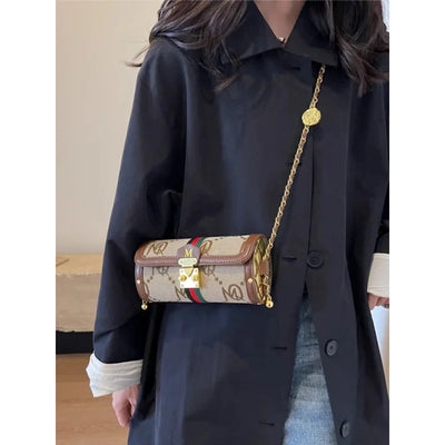 Cylindrical Crossbody Bag With Gold Lock And Chain