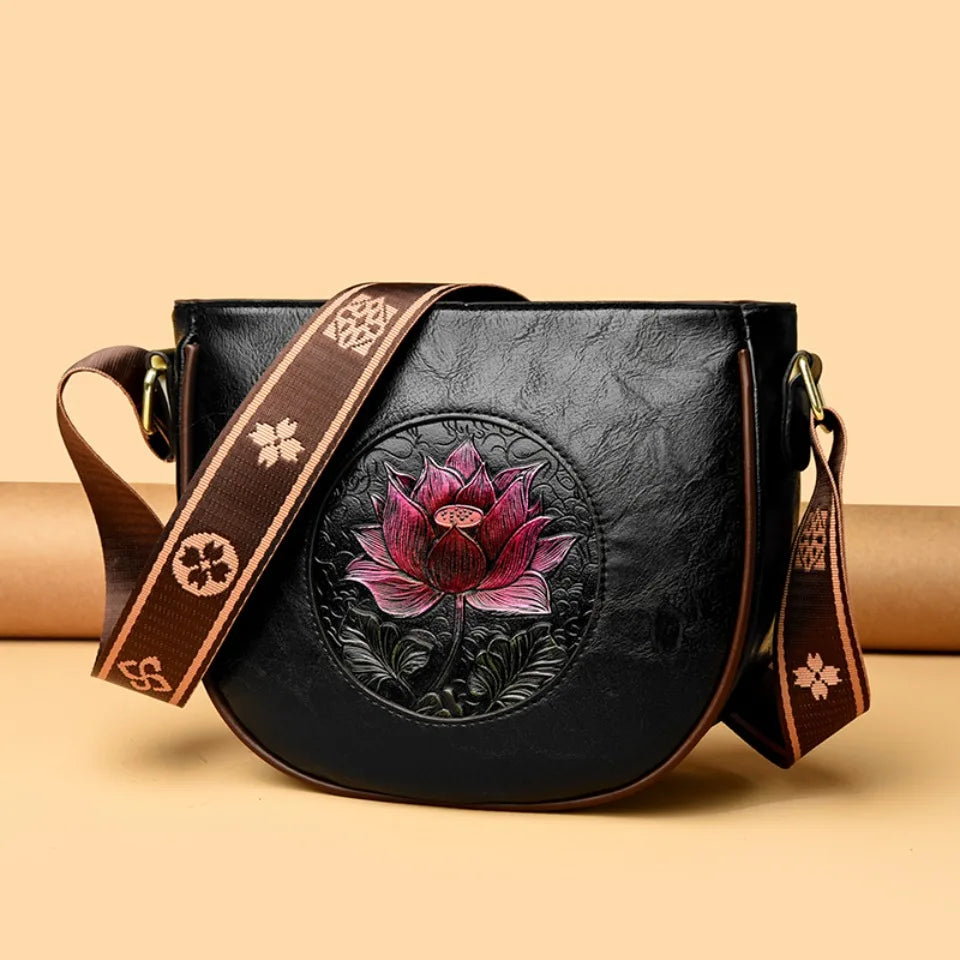 Flower Embossed Handbag with Wide Strap Circle Patch