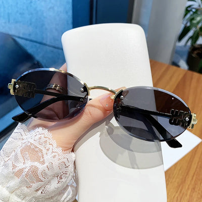 Oval Rimless Sunglasses with Ornate Detailing Frame - WO2MEN