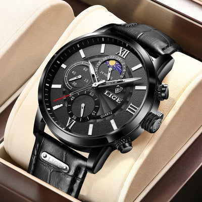 Elegant Moon Phase Chronograph Watch with Leather Strap
