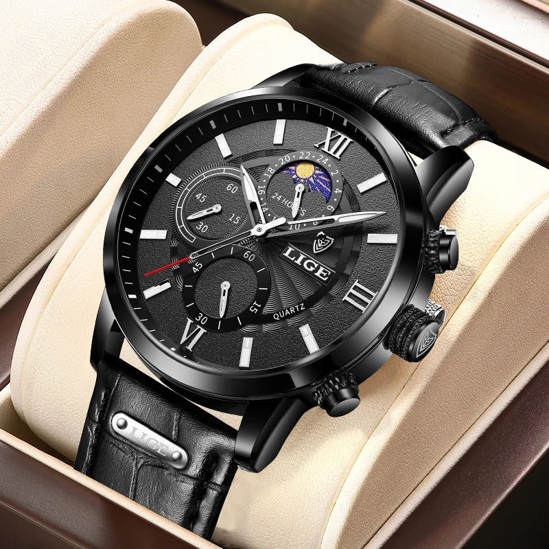 Elegant Moon Phase Chronograph Watch with Leather Strap - All Black