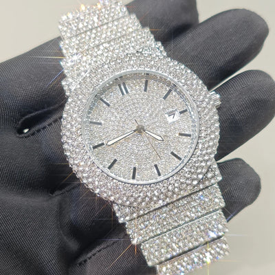 Diamond Paved Stainless Steel Watch with Luminous Dial