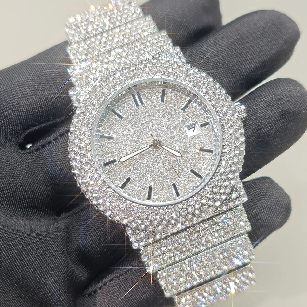 Diamond Paved Stainless Steel Watch with Luminous Dial