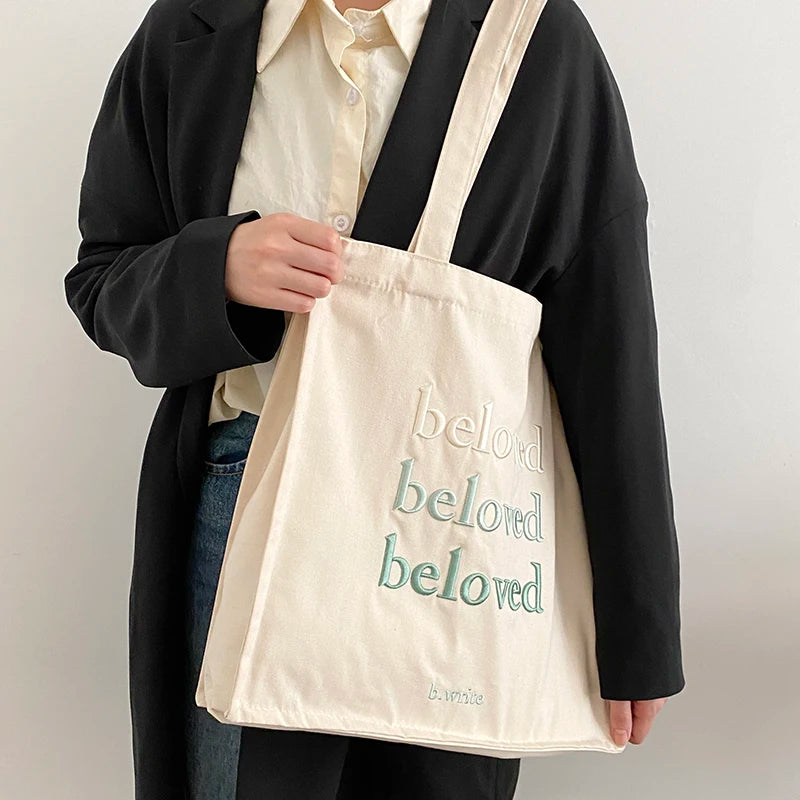 Embroidered Tote Bag for Daily Use with Beloved Motif - Beloved Green