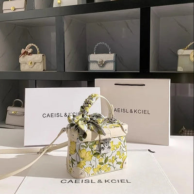 Box Handbag with Floral Embroidery and Scarf Accent - WO2MEN