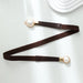 Korean Women Thin Elastic Belt Double Pearl Buckle - Light Brown