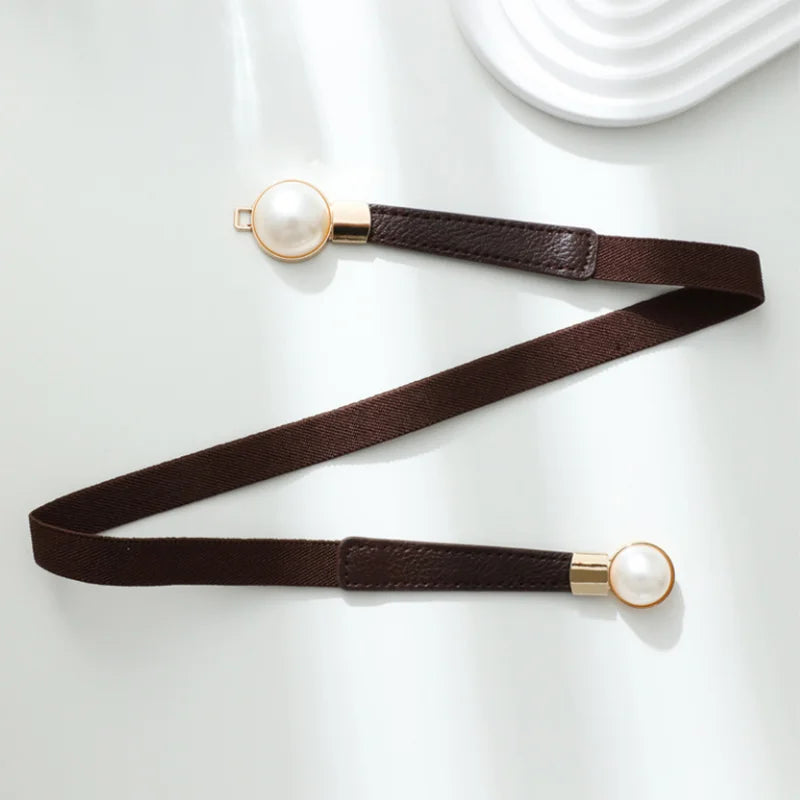 Korean Women Thin Elastic Belt Double Pearl Buckle - Light Brown