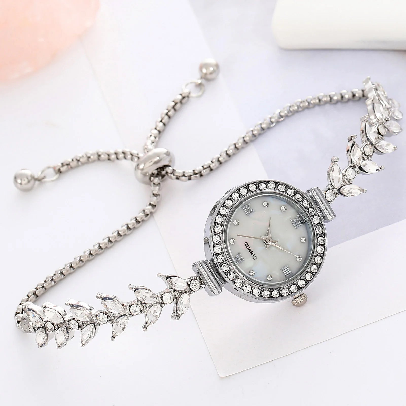 Round Bracelet Watch with Leaf Motif Band Elegant