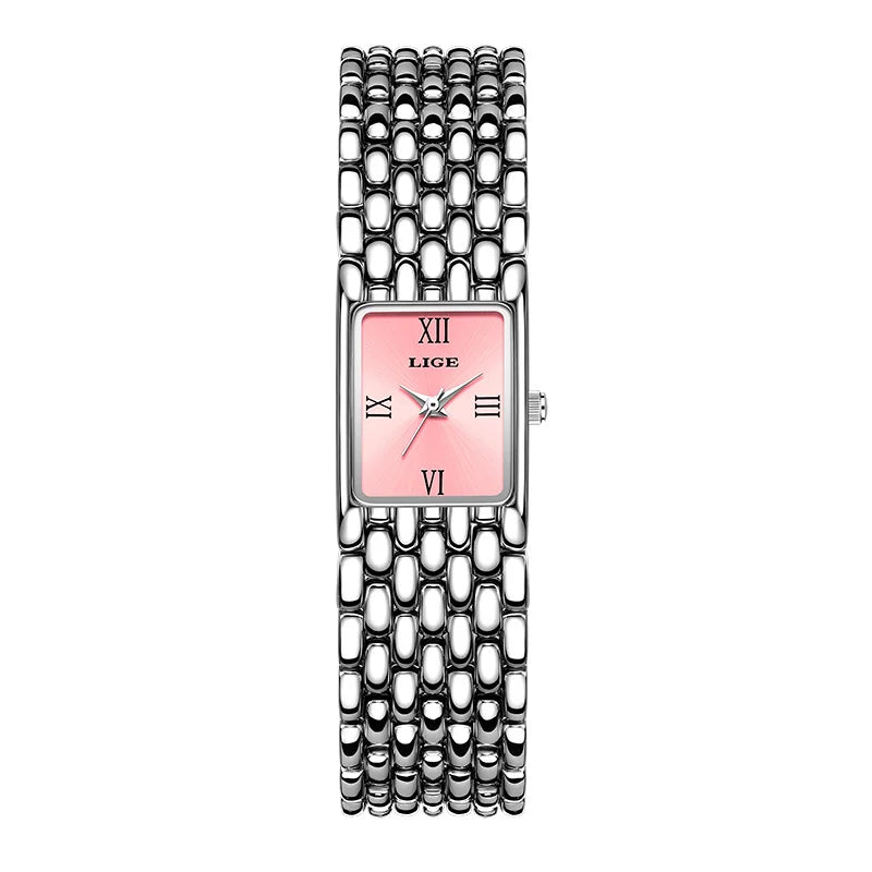 Square Dial Quartz Watch with Stainless Steel Bracelet - Silver Pink