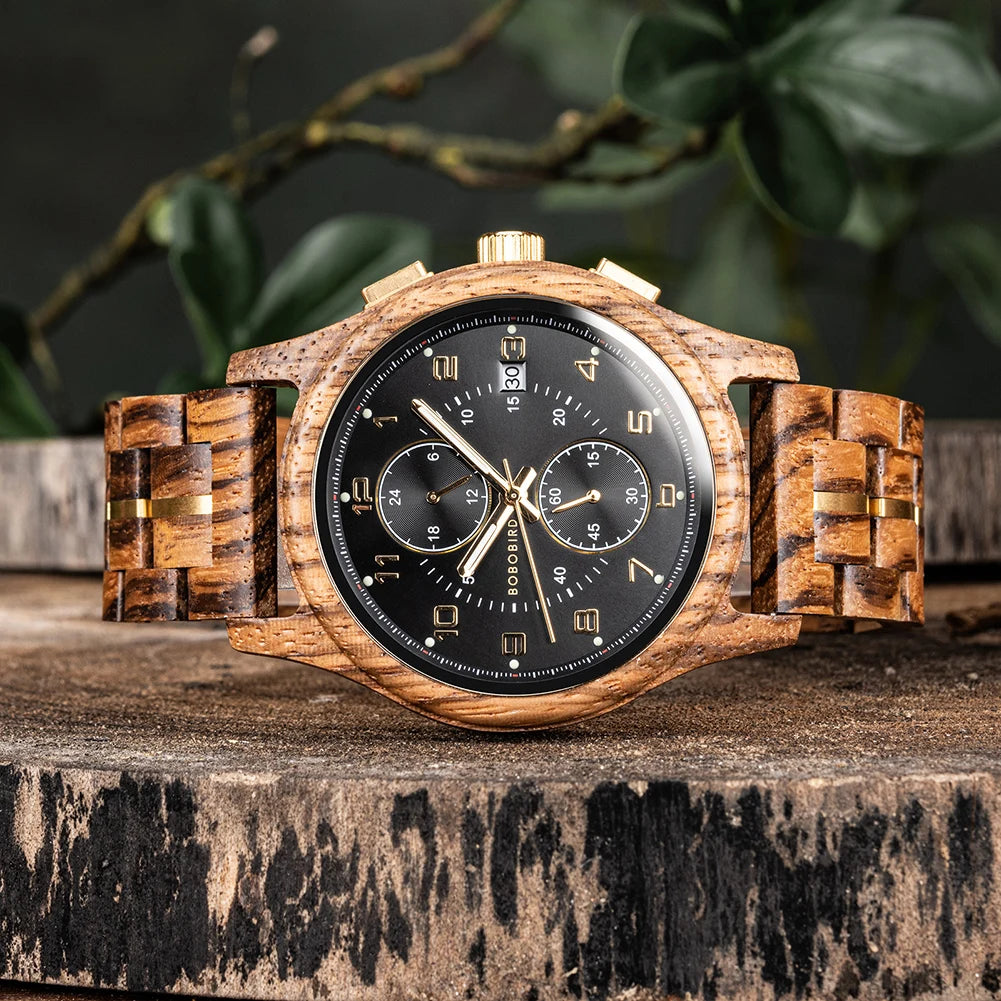 Wooden Chronograph Watch for Men Luminous Hands