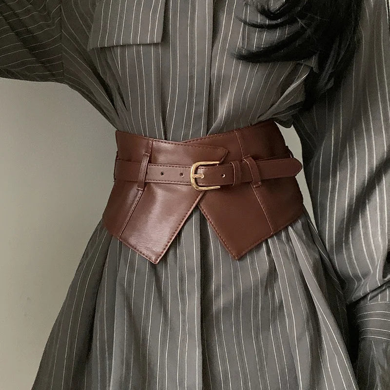 Corset Style Wide Belt with Pin Buckle Accessory - Coffee
