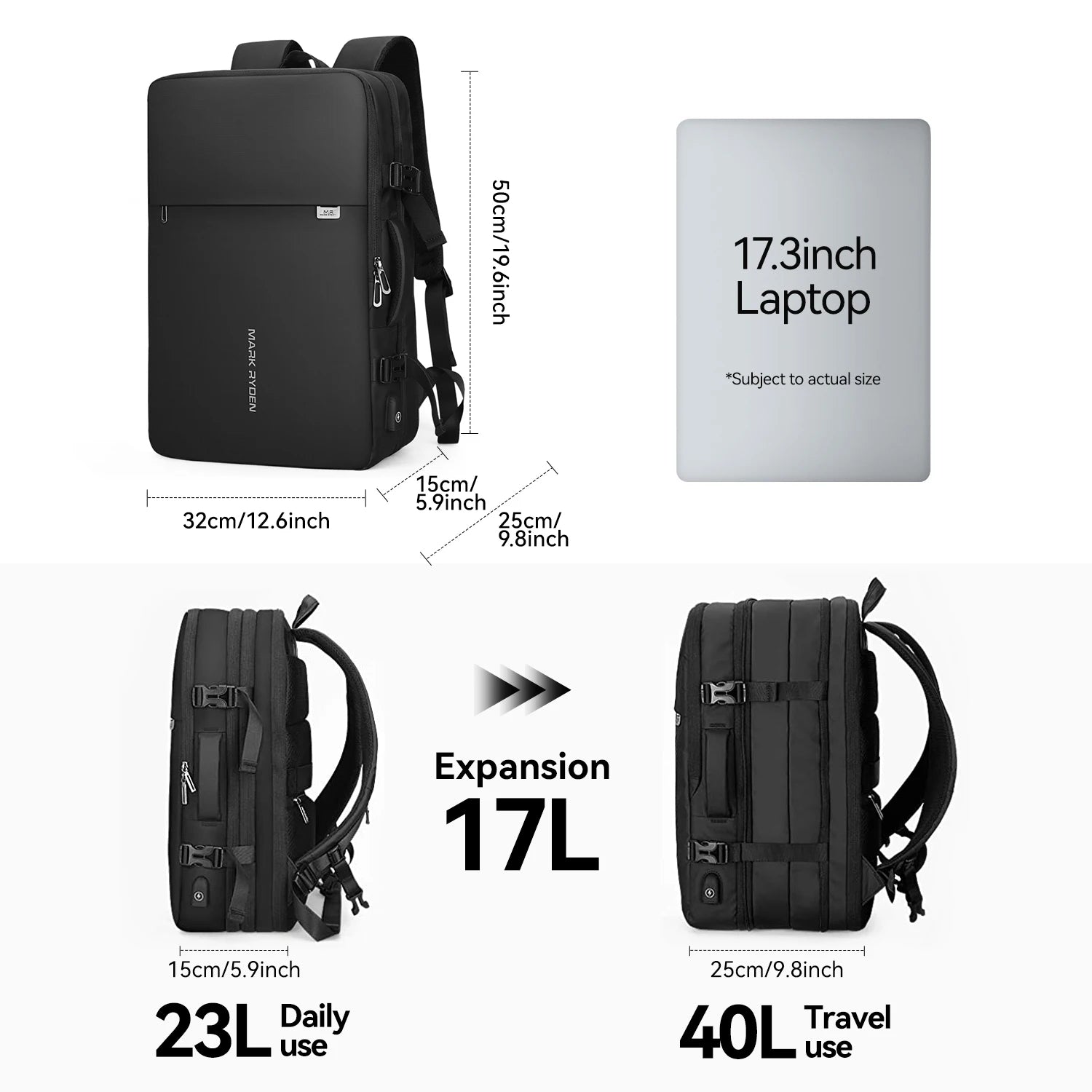 Expandable 17L Laptop Backpack for Business Travel