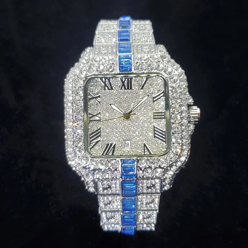 Square Dial Wristwatch With Embedded Stones Glamour - Silver Blue