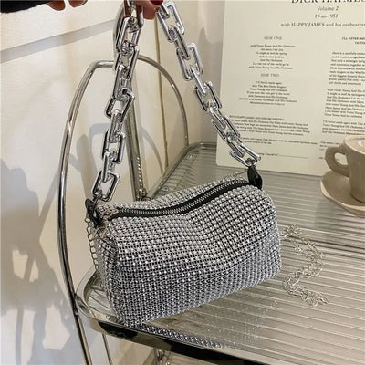 Rhinestone Cascade Bucket Bag With Crystal Chain Detail