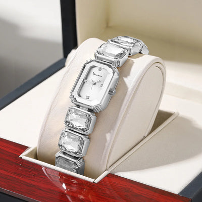 Square Crystal Link Watch with Diamond Accent Bracelet - WO2MEN