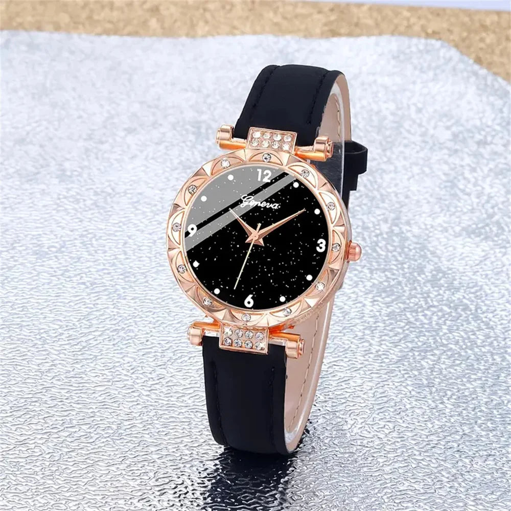 Wristwatch with Rhinestone Bezel Leather Strap