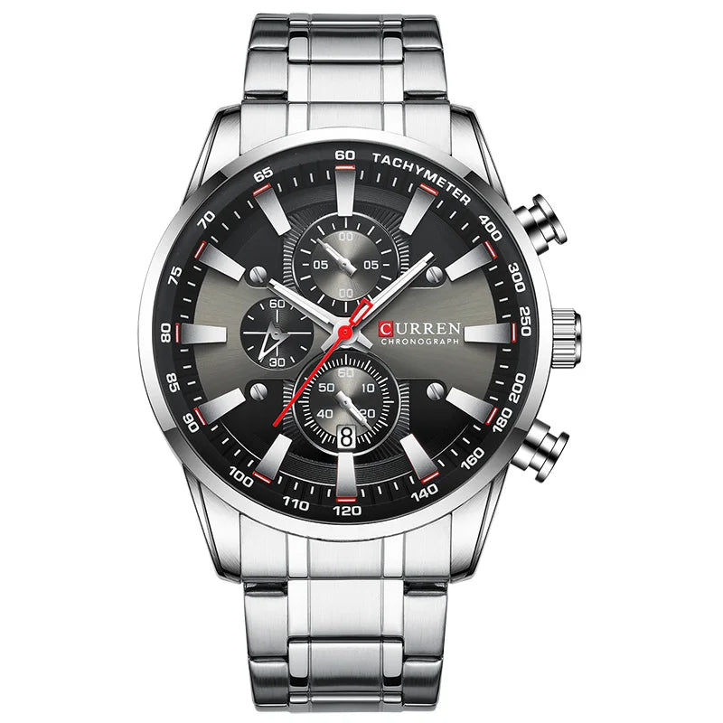 Sport Chronograph Watch with Complete Calendar - Silver Black