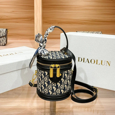 Embroidered Barrel Bag With Scarf Accent Shoulder Strap