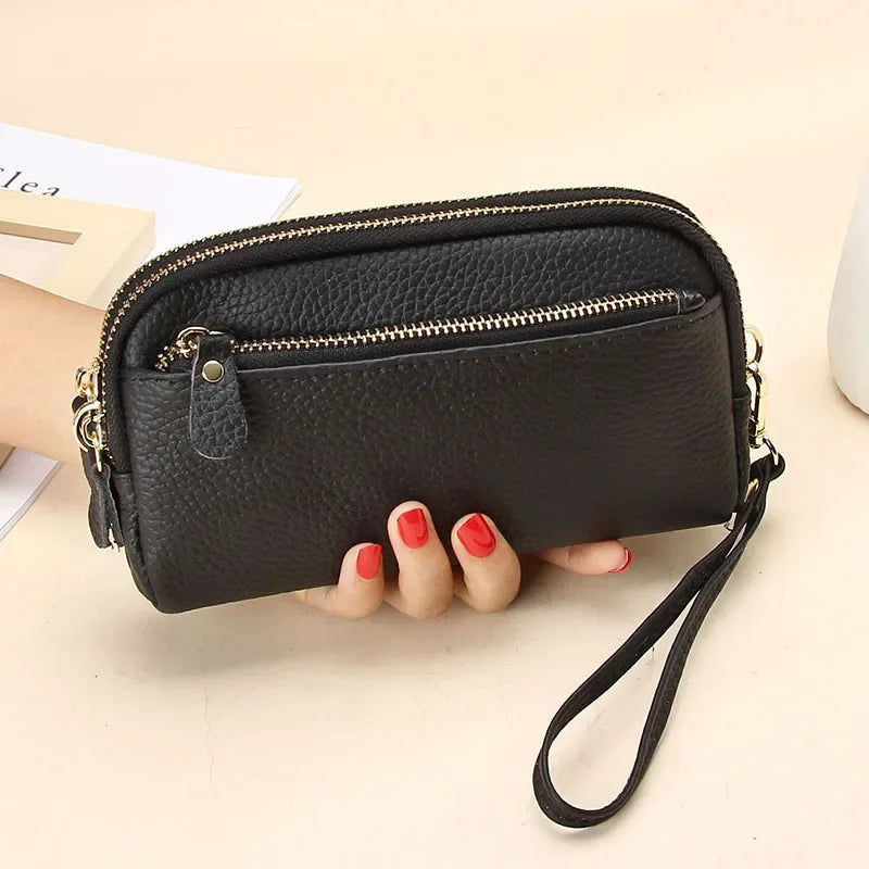 Genuine Leather Wallet with Double Zip Wristlet - Black