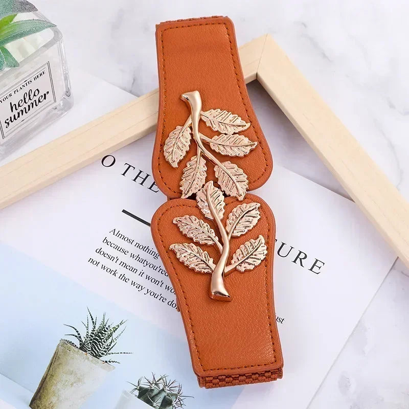 Floral Leaf Buckle Belt with Elastic Strap Adjustable