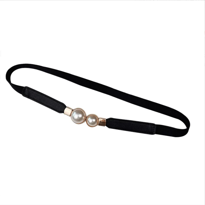 Korean Women Thin Elastic Belt Double Pearl Buckle