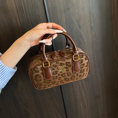 Leopard Bowler Bag With Gold Hardware And Top Handles