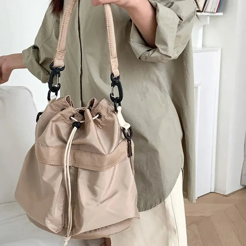 Nylon Waterproof Tote Bag with Drawstring and Detachable Strap