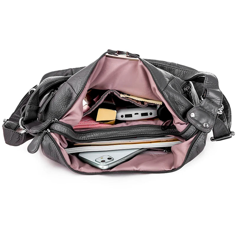 Genuine Leather Shoulder Handbag with Multiple Pockets