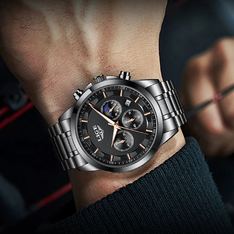 Moon Phase Chronograph Watch Auto Date Waterproof