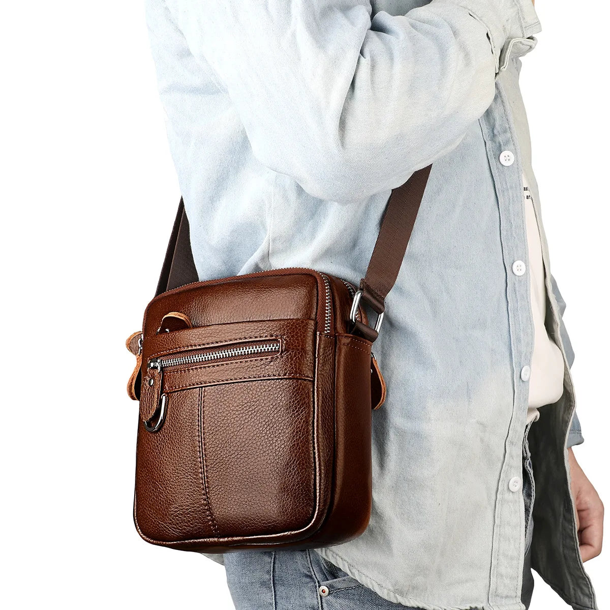 Men's Genuine Leather Crossbody Bag for Everyday Use - Brown