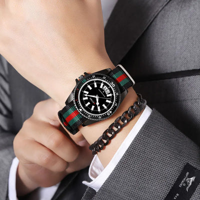 Calendar Watch With Striped Strap And Classic Case