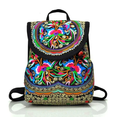 Floral Embroidery Backpack with Hasp Closure Front