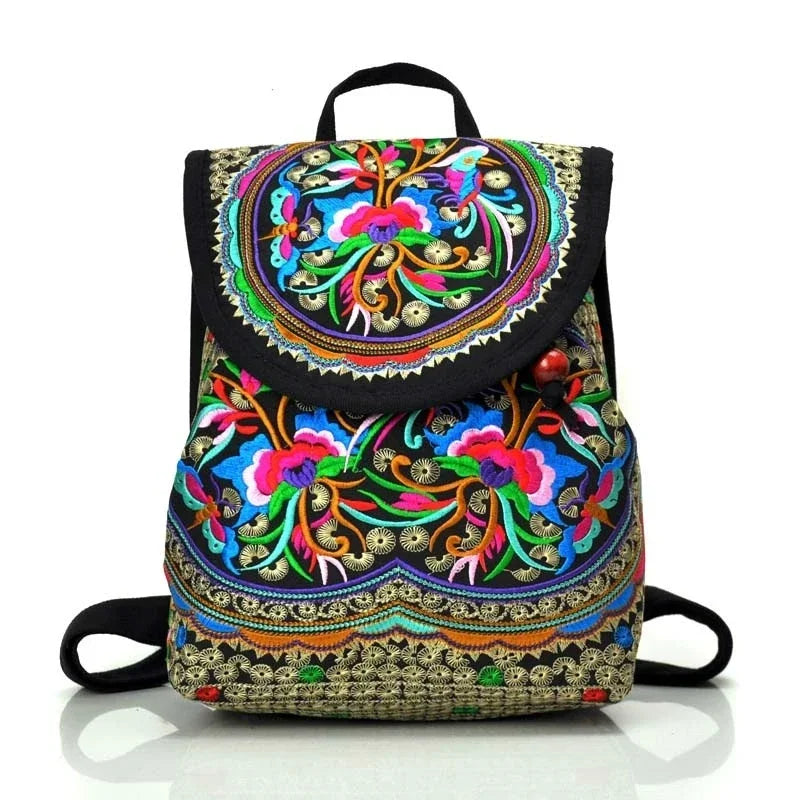Floral Embroidery Backpack with Hasp Closure Front