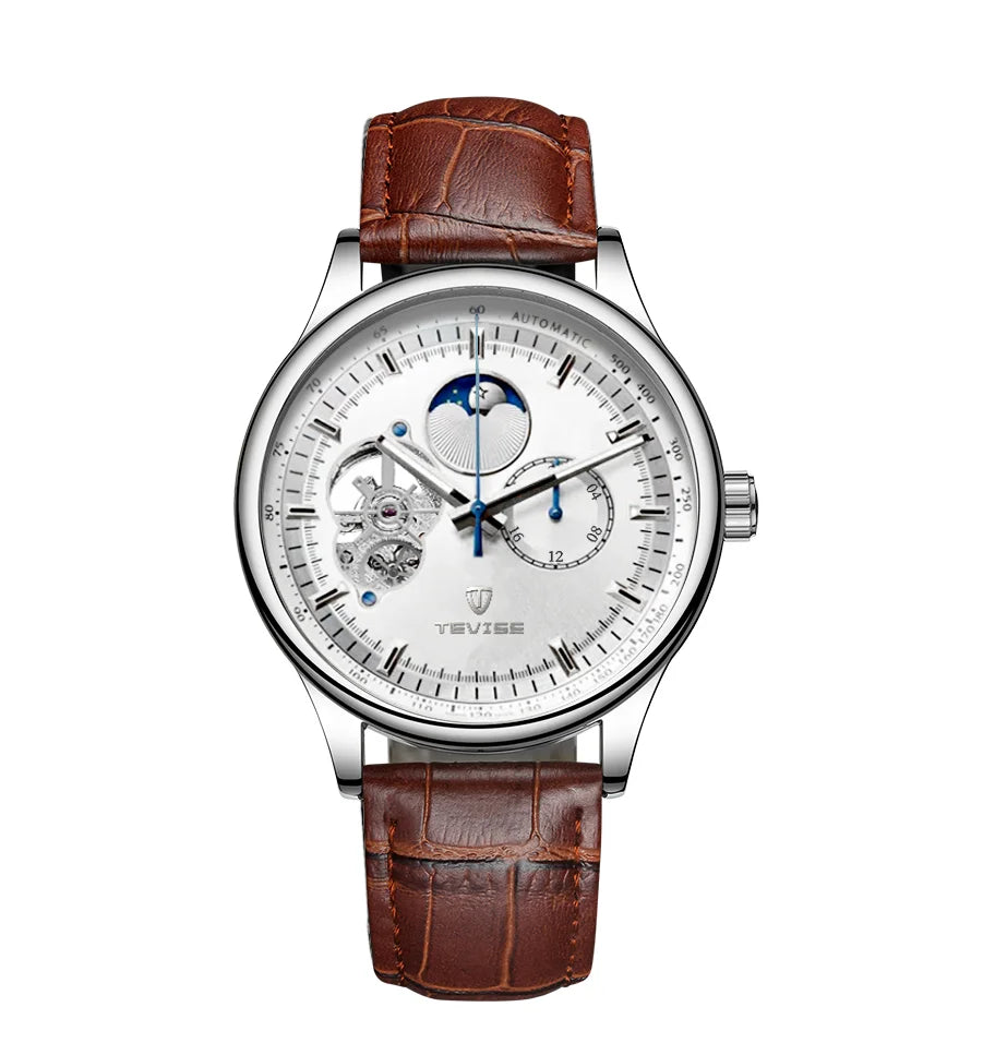 Skeleton Mechanical Watch Moon Phase Leather Strap