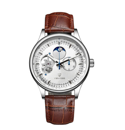 Skeleton Mechanical Watch Moon Phase Leather Strap - White