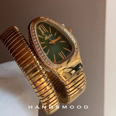 Gilded Crystal Snake Bangle Watch with Diamond Rim