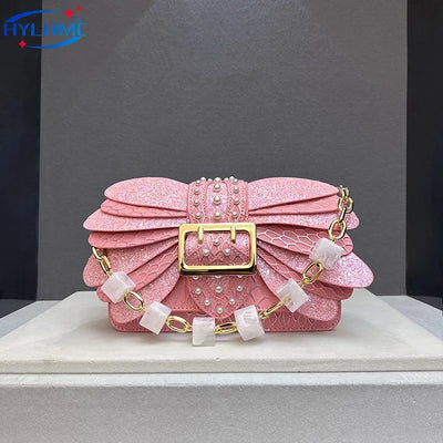 Pearl Winged Rivet Bag with Glitter Accents for Evening