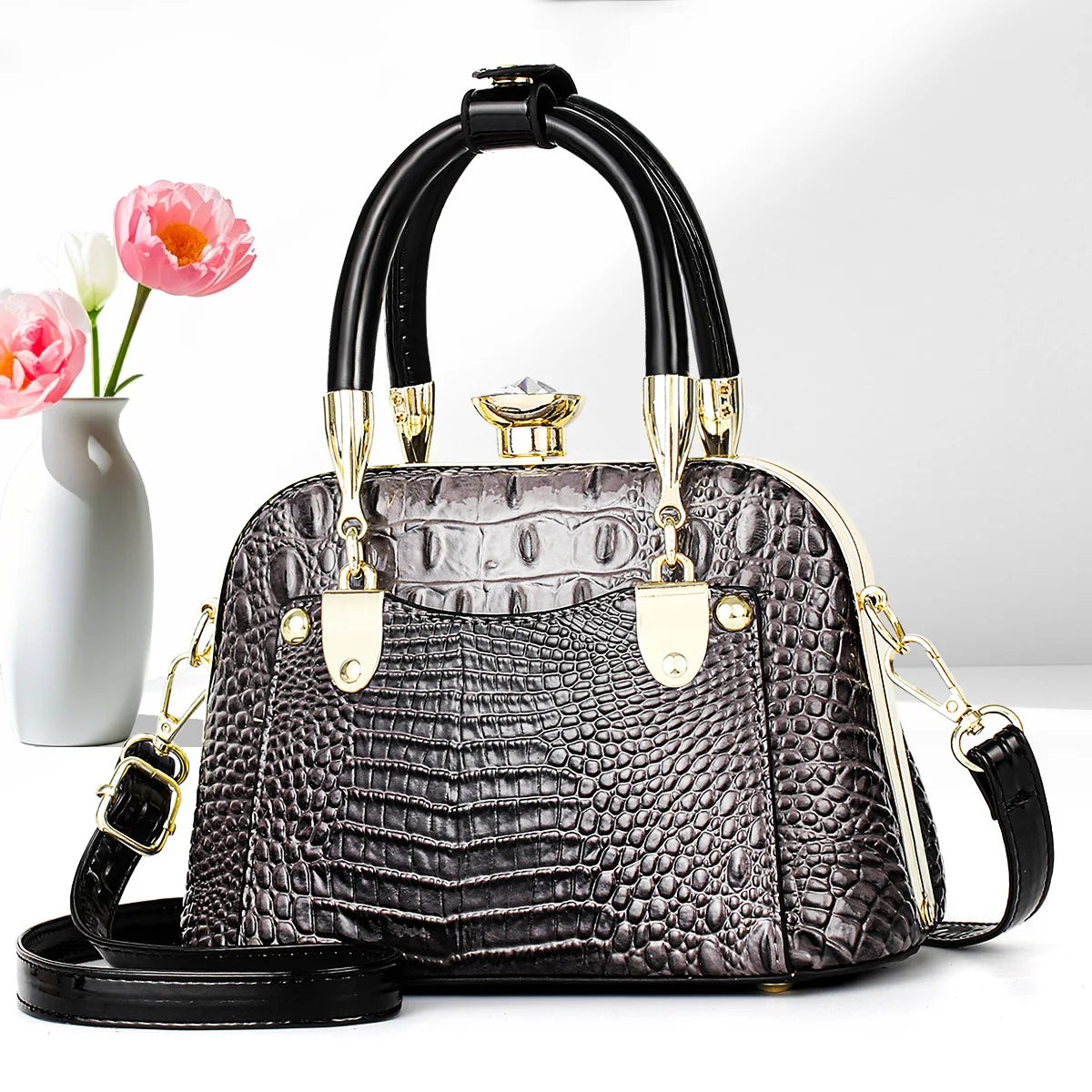 Crocodile Pattern Shoulder Bag with Gold Hardware - Photo Colour