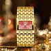 Elegant Womens Rectangular Dress Watch with Crystals - Gold Red