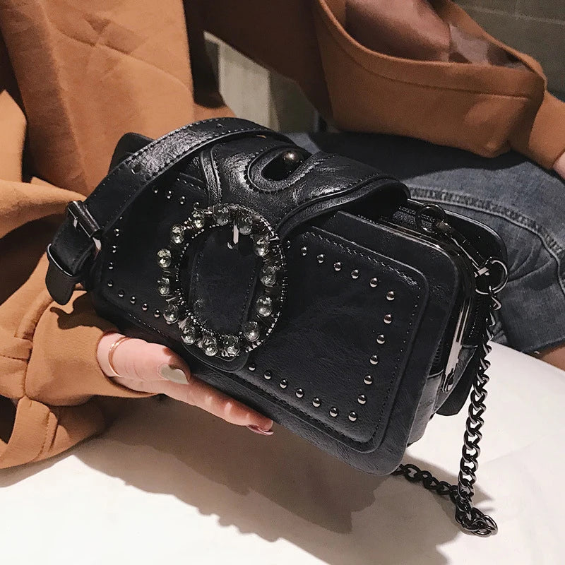 Timeless Rhinestone Ring Buckle Satchel with Studs