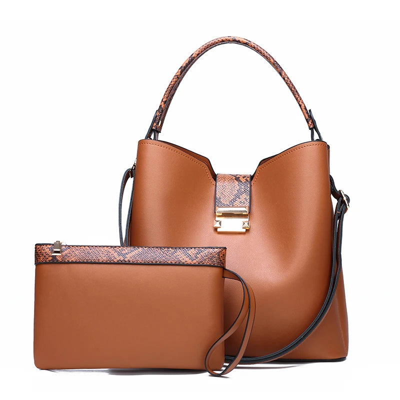 Large Capacity Handbag with Snake Print Strap - Brown