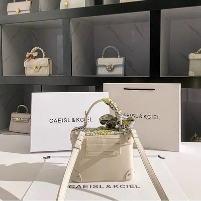 Box Handbag with Floral Embroidery and Scarf Accent - WO2MEN