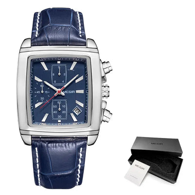 Rectangular Chronograph Watch with Luminous Hands - Silver Blue Box