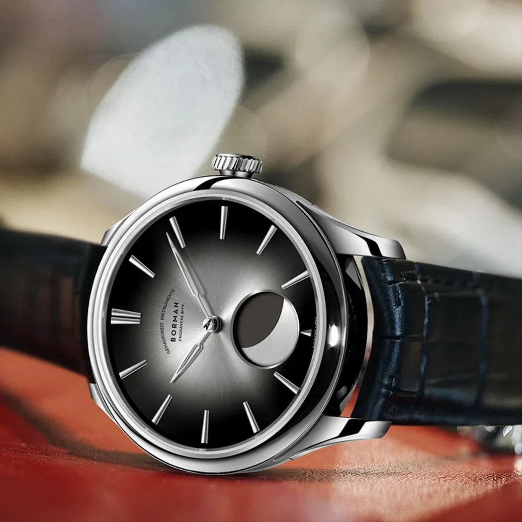 Moon Phase Automatic Watch Leather Strap Sapphire Dial