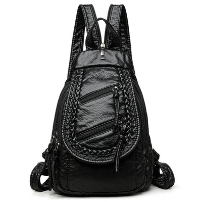 Backpack with Braided Front Pocket and Zipper Closure - Black
