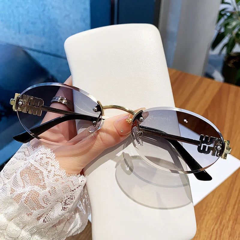 Oval Rimless Sunglasses with Ornate Detailing Frame - WO2MEN